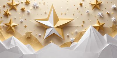 The primary subject of the image is a large, intricately designed star made of gold paper. The star is the main focus of the image, and it is set against a backdrop of a white surface. The visual style of the image is a combination of digital art and illustration, creating a unique and eye-catching design. The colors and mood of the image are predominantly gold and white, giving it a warm and inviting atmosphere.